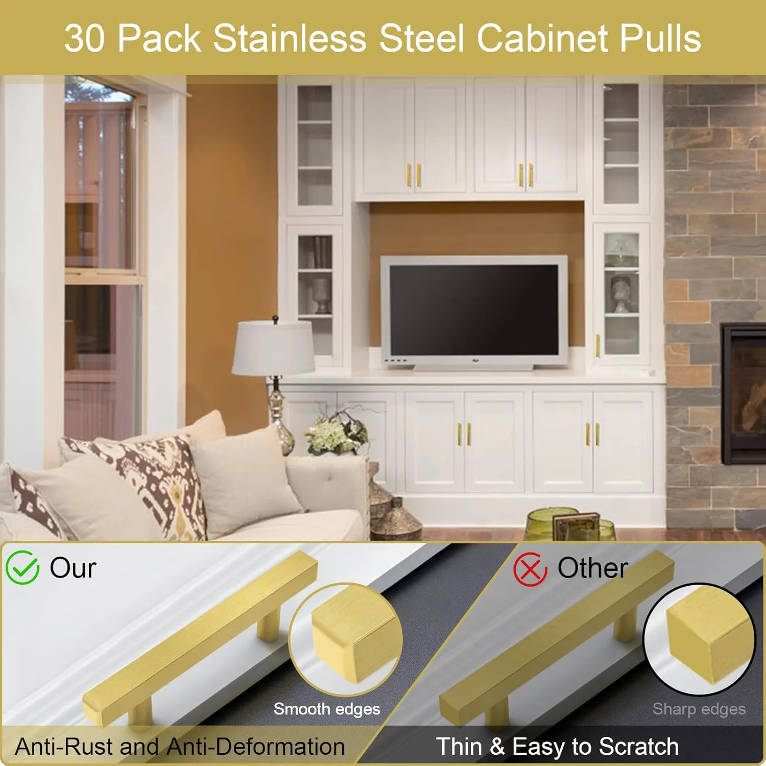 30 Pack Cabinet Pulls 5" Length Brushed Brass Drawer Handles, 3" Hole Center Square Kitchen Cabinet Handles, Stainless Steel Cabinet Hardware for Bedroom Bathroom Office