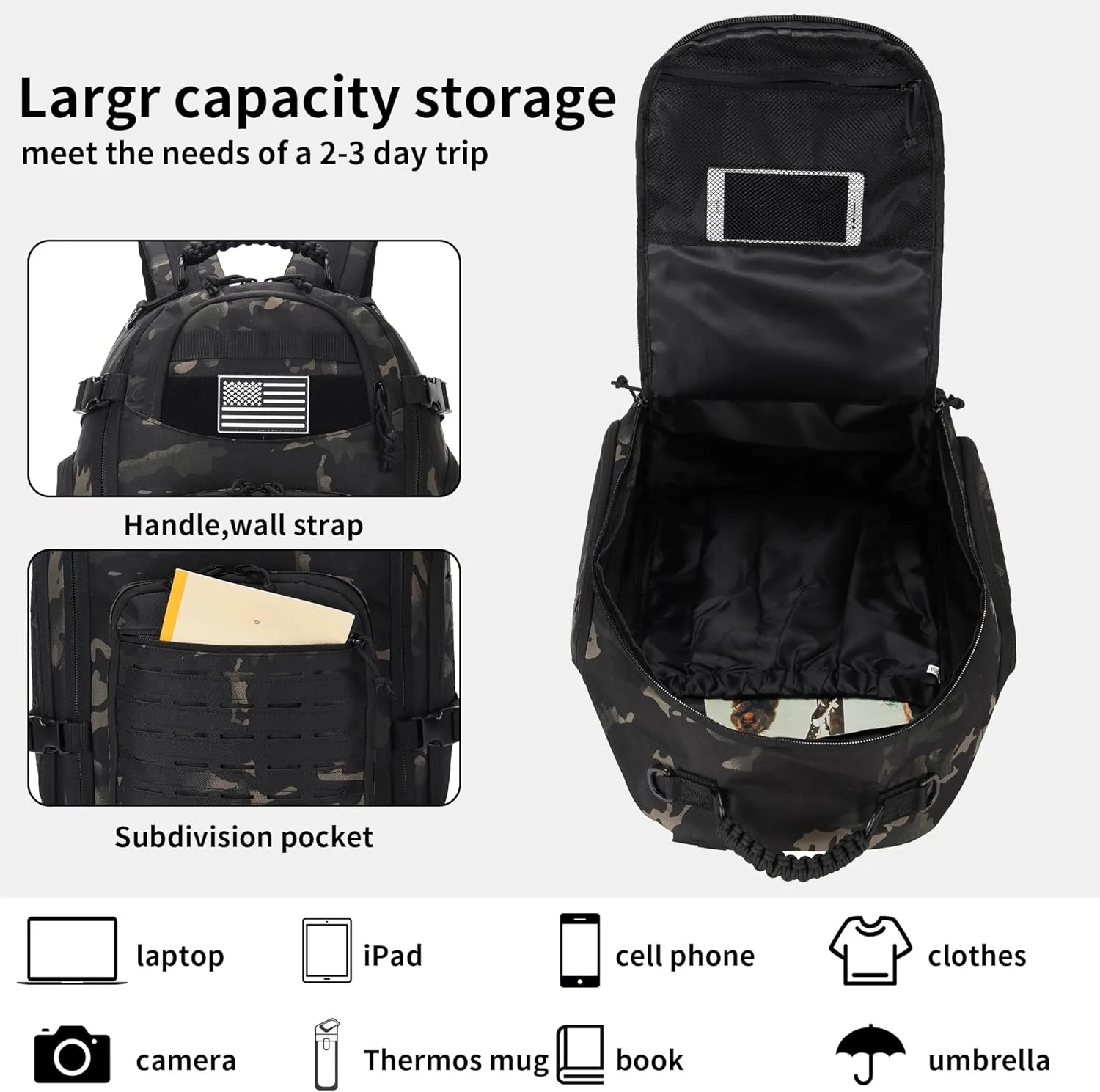 30L Hiking Backpack Lightweight Outdoor Daypack Camping Backpack Outdoor Travel Daypack Day Pack for Man Woman (Black Camo)