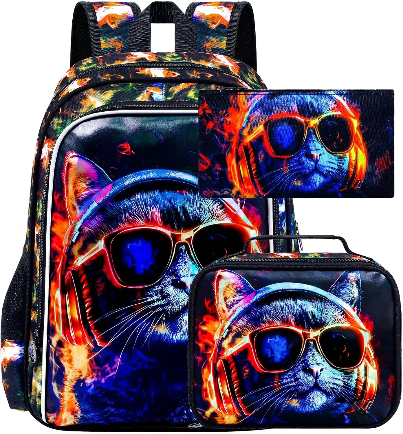 3PCS Boys Cat Bookbag, Water Resistant Kids Backpack with Lunch Box, 17" School Bag Set for Teenagers Middle Elementary - Sunglasses Cat