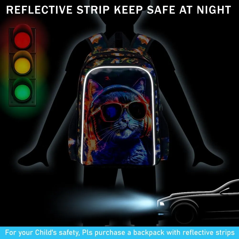 3PCS Boys Cat Bookbag, Water Resistant Kids Backpack with Lunch Box, 17" School Bag Set for Teenagers Middle Elementary - Sunglasses Cat