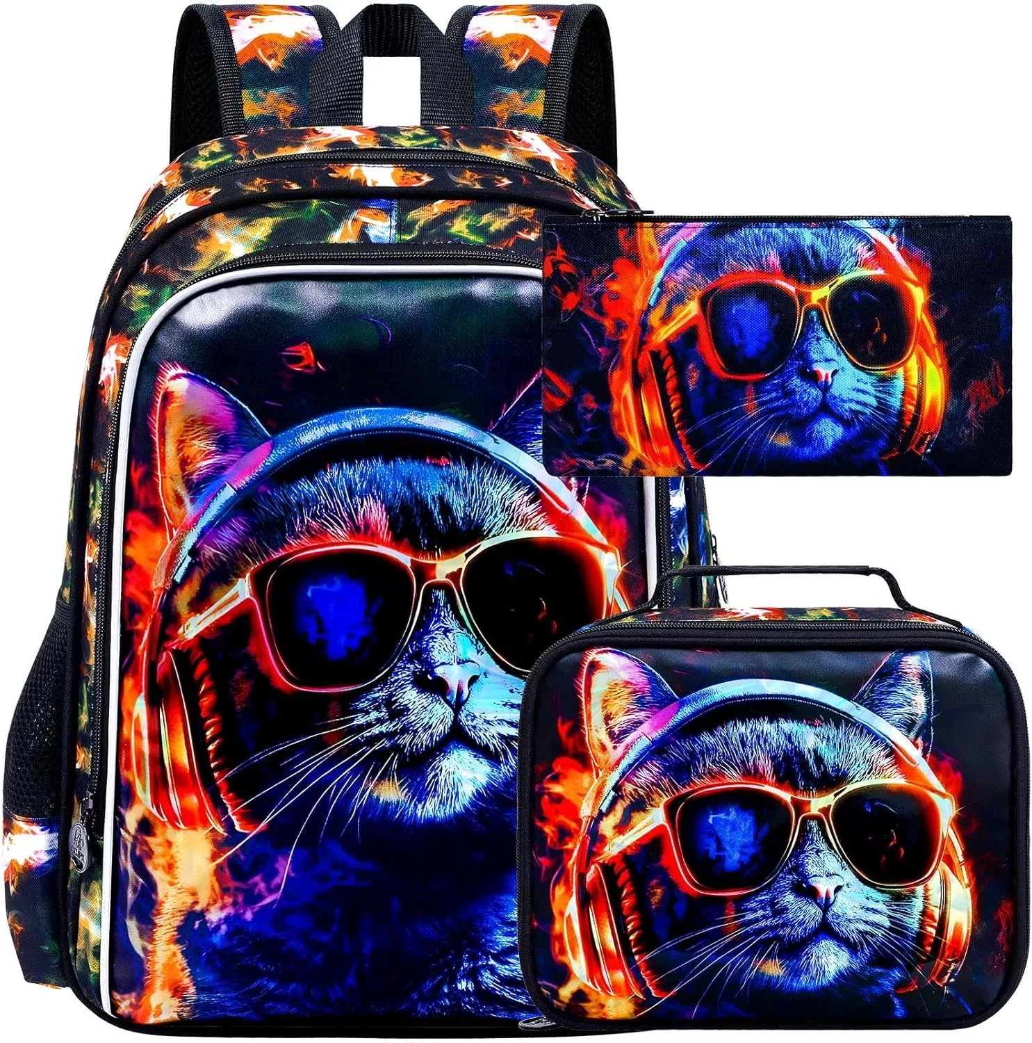 3PCS Boys Cat Bookbag, Water Resistant Kids Backpack with Lunch Box, 17" School Bag Set for Teenagers Middle Elementary - Sunglasses Cat