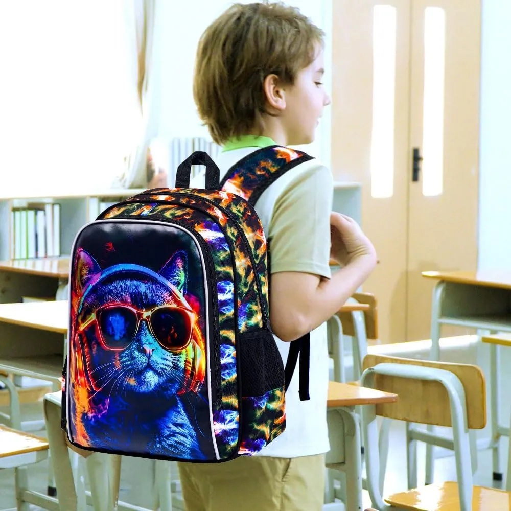 3PCS Boys Cat Bookbag, Water Resistant Kids Backpack with Lunch Box, 17" School Bag Set for Teenagers Middle Elementary - Sunglasses Cat