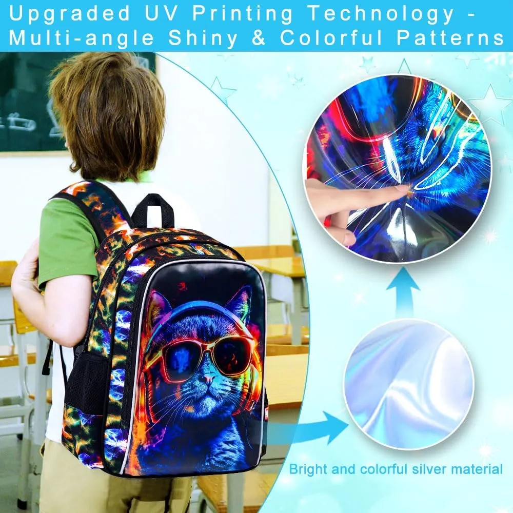3PCS Boys Cat Bookbag, Water Resistant Kids Backpack with Lunch Box, 17" School Bag Set for Teenagers Middle Elementary - Sunglasses Cat