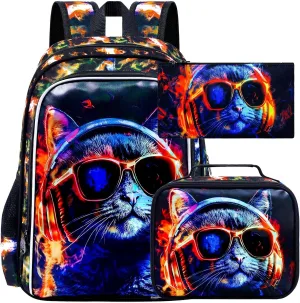 3PCS Boys Cat Bookbag, Water Resistant Kids Backpack with Lunch Box, 17" School Bag Set for Teenagers Middle Elementary - Sunglasses Cat