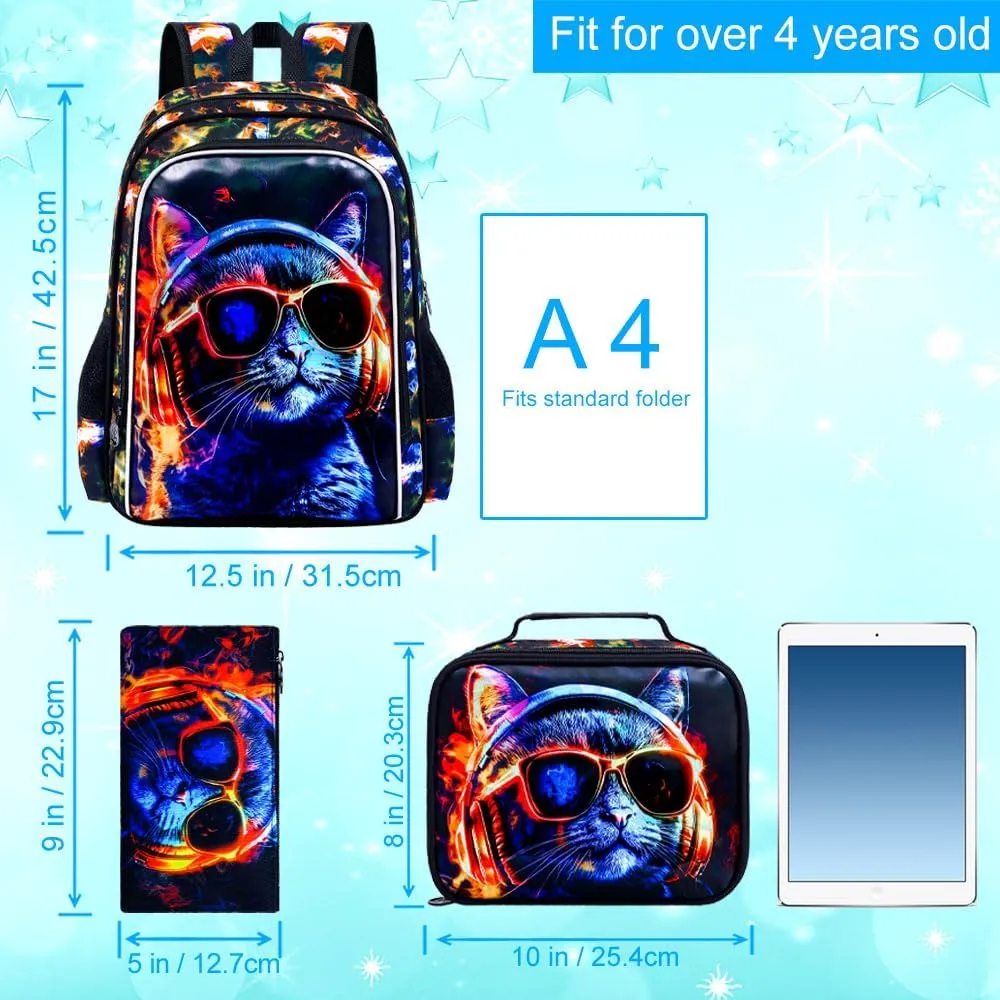 3PCS Boys Cat Bookbag, Water Resistant Kids Backpack with Lunch Box, 17" School Bag Set for Teenagers Middle Elementary - Sunglasses Cat