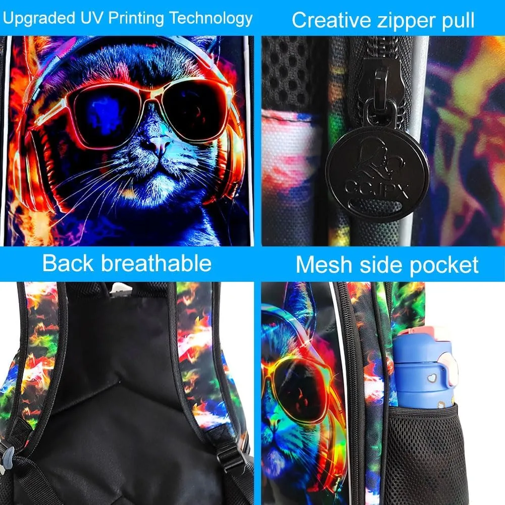 3PCS Boys Cat Bookbag, Water Resistant Kids Backpack with Lunch Box, 17" School Bag Set for Teenagers Middle Elementary - Sunglasses Cat