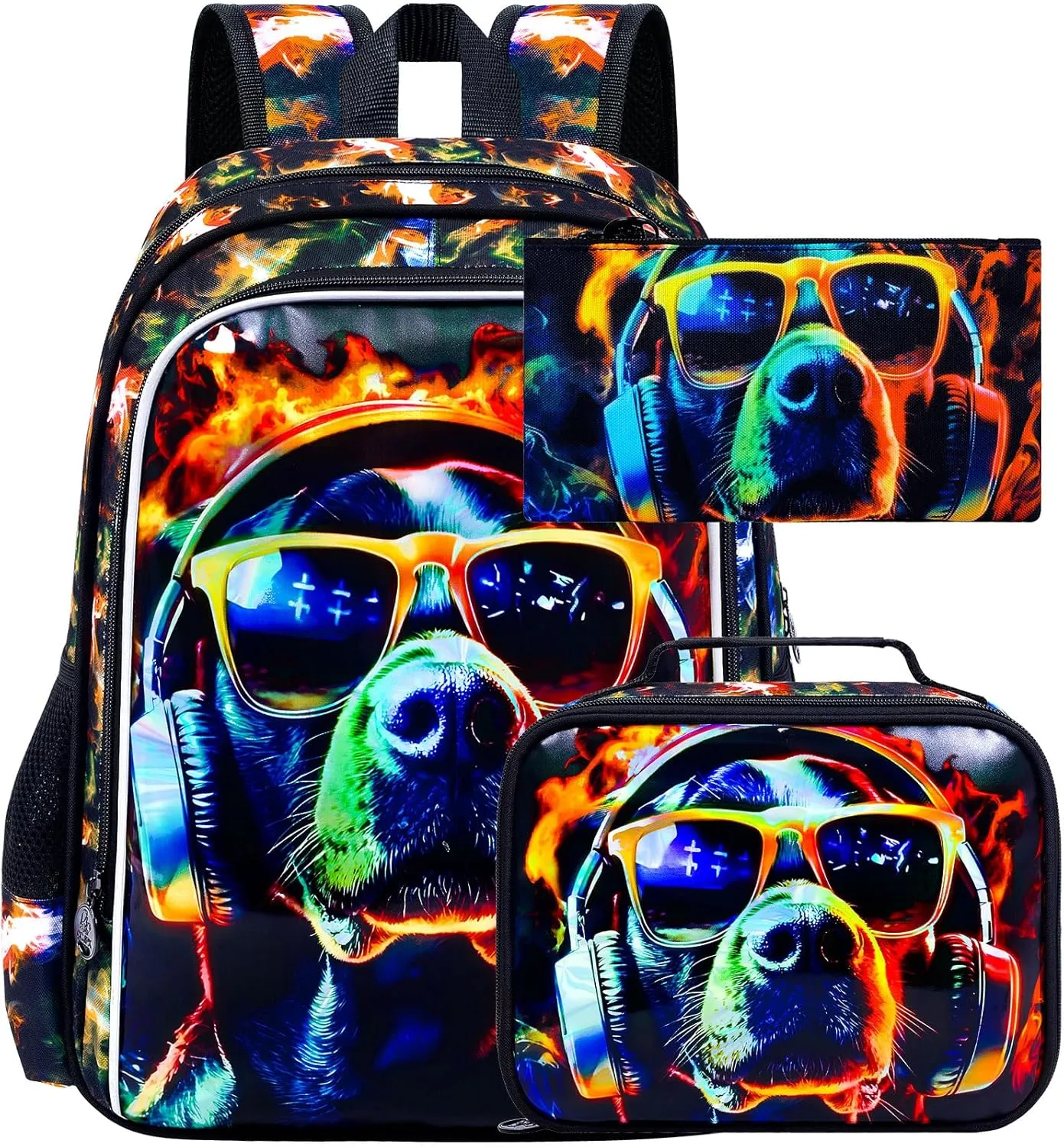 3PCS Boys Dog Bookbag, Water Resistant Kids Backpack with Lunch Box, 17" School Bag Set for Teenagers Middle Elementary - Sunglasses Dog