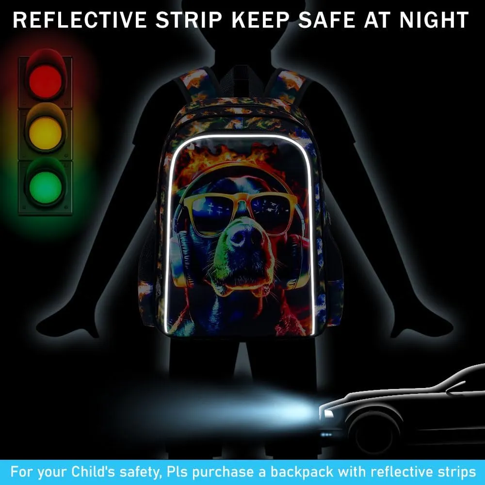 3PCS Boys Dog Bookbag, Water Resistant Kids Backpack with Lunch Box, 17" School Bag Set for Teenagers Middle Elementary - Sunglasses Dog