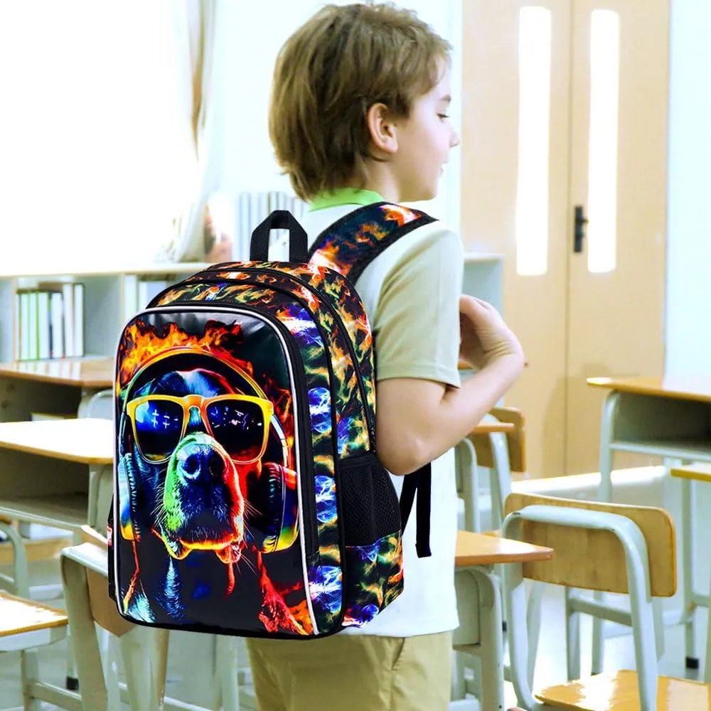 3PCS Boys Dog Bookbag, Water Resistant Kids Backpack with Lunch Box, 17" School Bag Set for Teenagers Middle Elementary - Sunglasses Dog