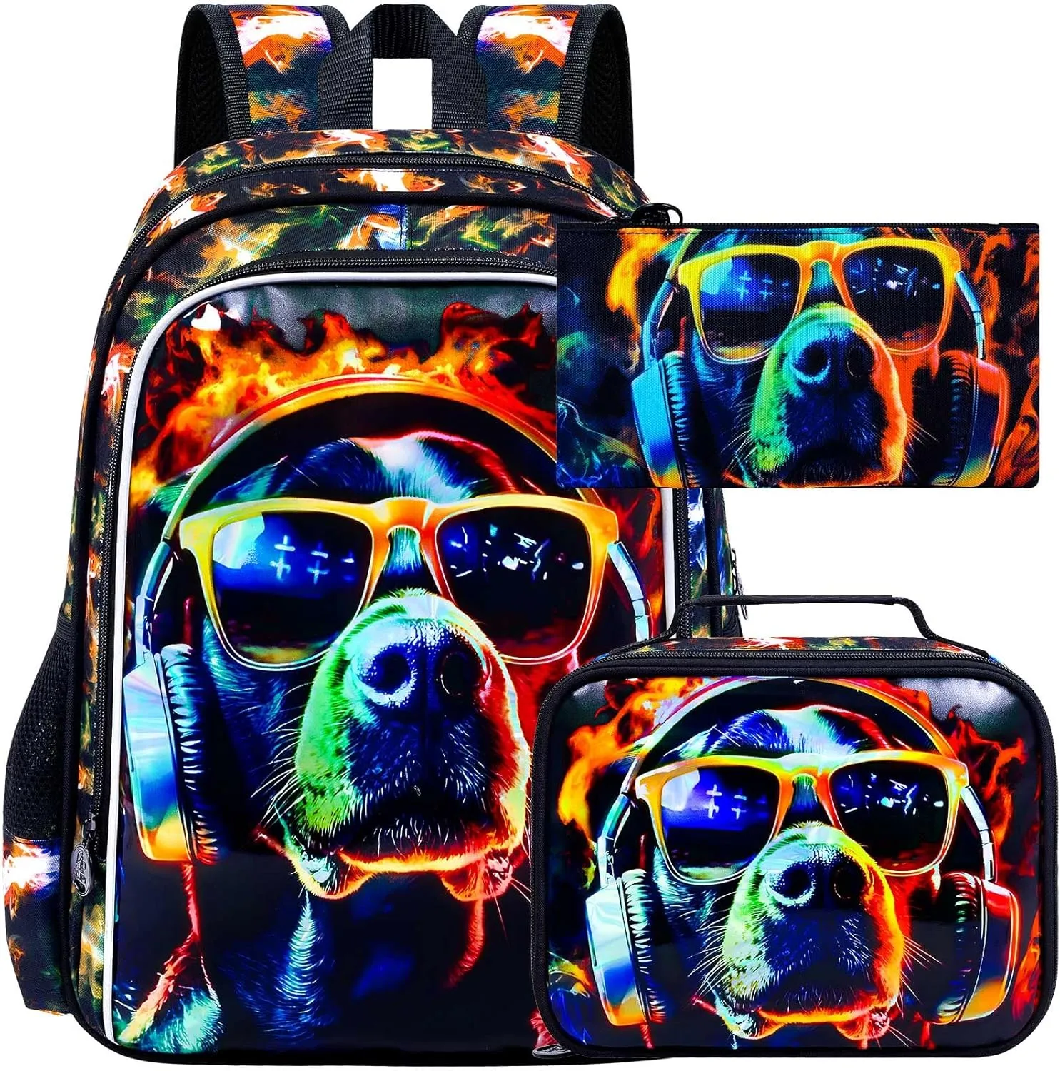 3PCS Boys Dog Bookbag, Water Resistant Kids Backpack with Lunch Box, 17" School Bag Set for Teenagers Middle Elementary - Sunglasses Dog