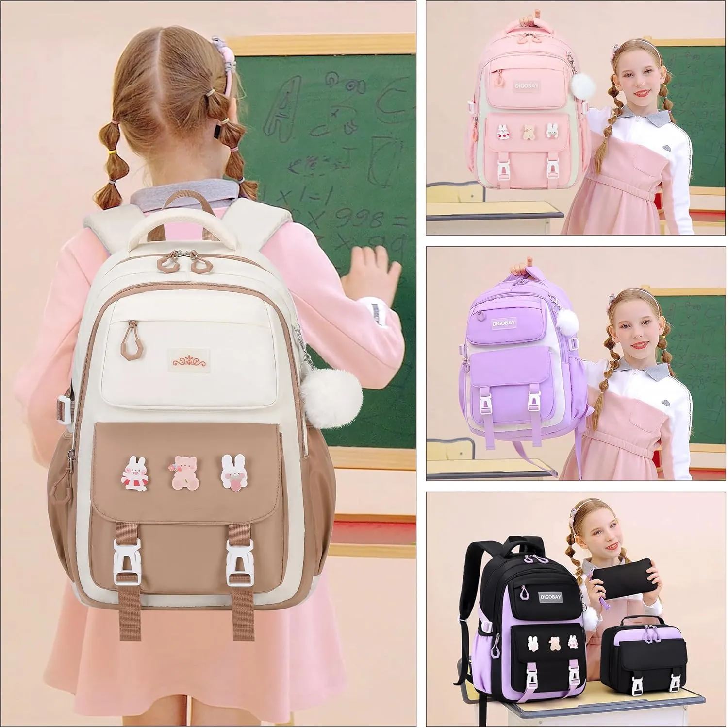 3PCS Girls Backpack for School, Kids Backpack for Girls with Lunch Box Pencil Case Set for Teen Girl Elementary Primary Middle High College School Bookbag with Cute Pins (Khaki)