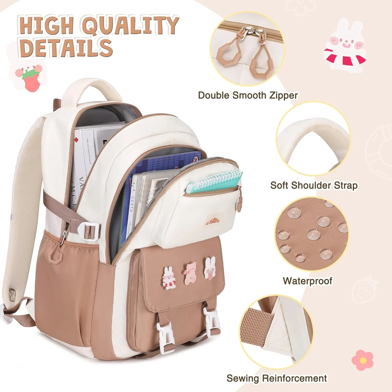 3PCS Girls Backpack for School, Kids Backpack for Girls with Lunch Box Pencil Case Set for Teen Girl Elementary Primary Middle High College School Bookbag with Cute Pins (Khaki)