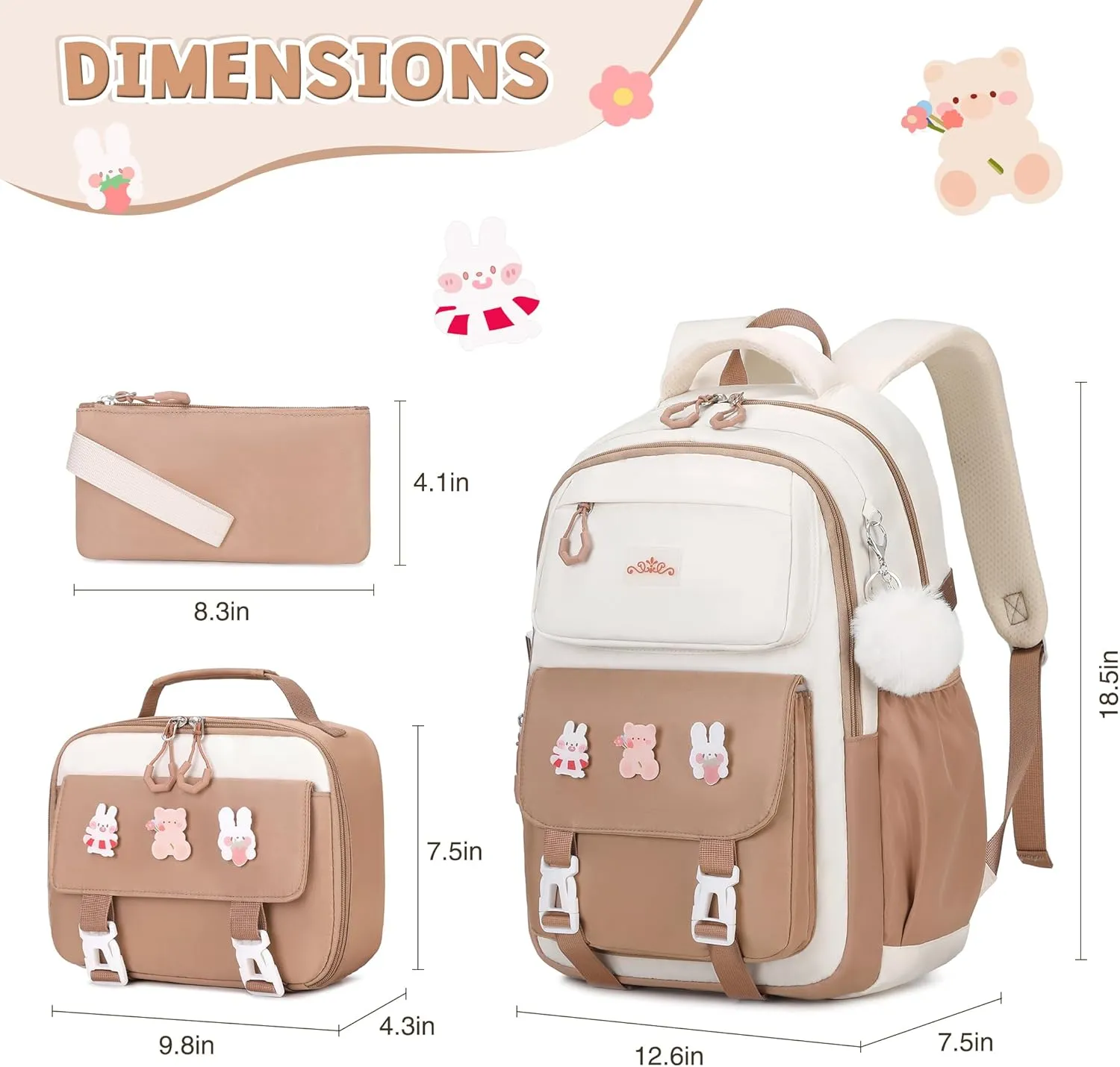 3PCS Girls Backpack for School, Kids Backpack for Girls with Lunch Box Pencil Case Set for Teen Girl Elementary Primary Middle High College School Bookbag with Cute Pins (Khaki)