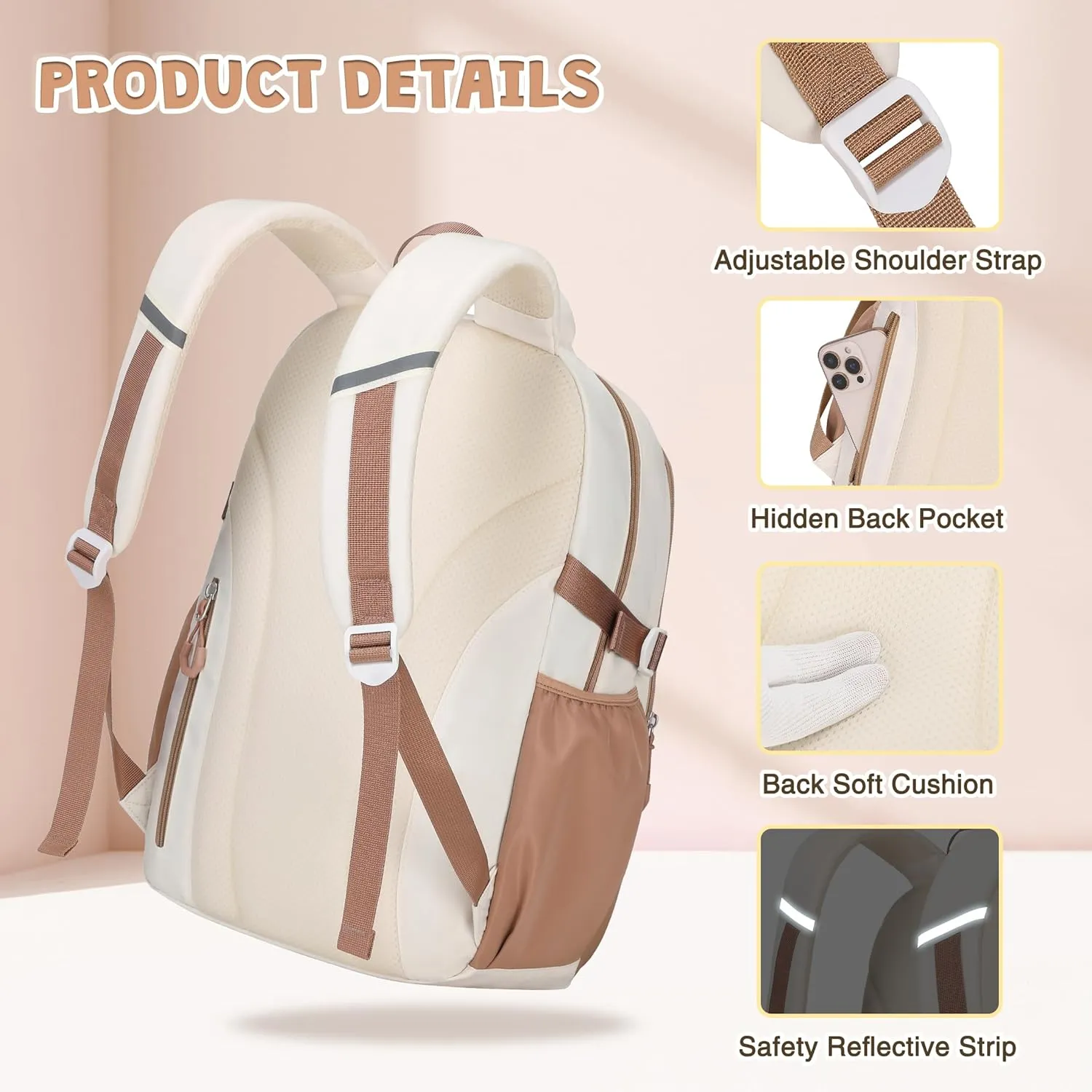 3PCS Girls Backpack for School, Kids Backpack for Girls with Lunch Box Pencil Case Set for Teen Girl Elementary Primary Middle High College School Bookbag with Cute Pins (Khaki)