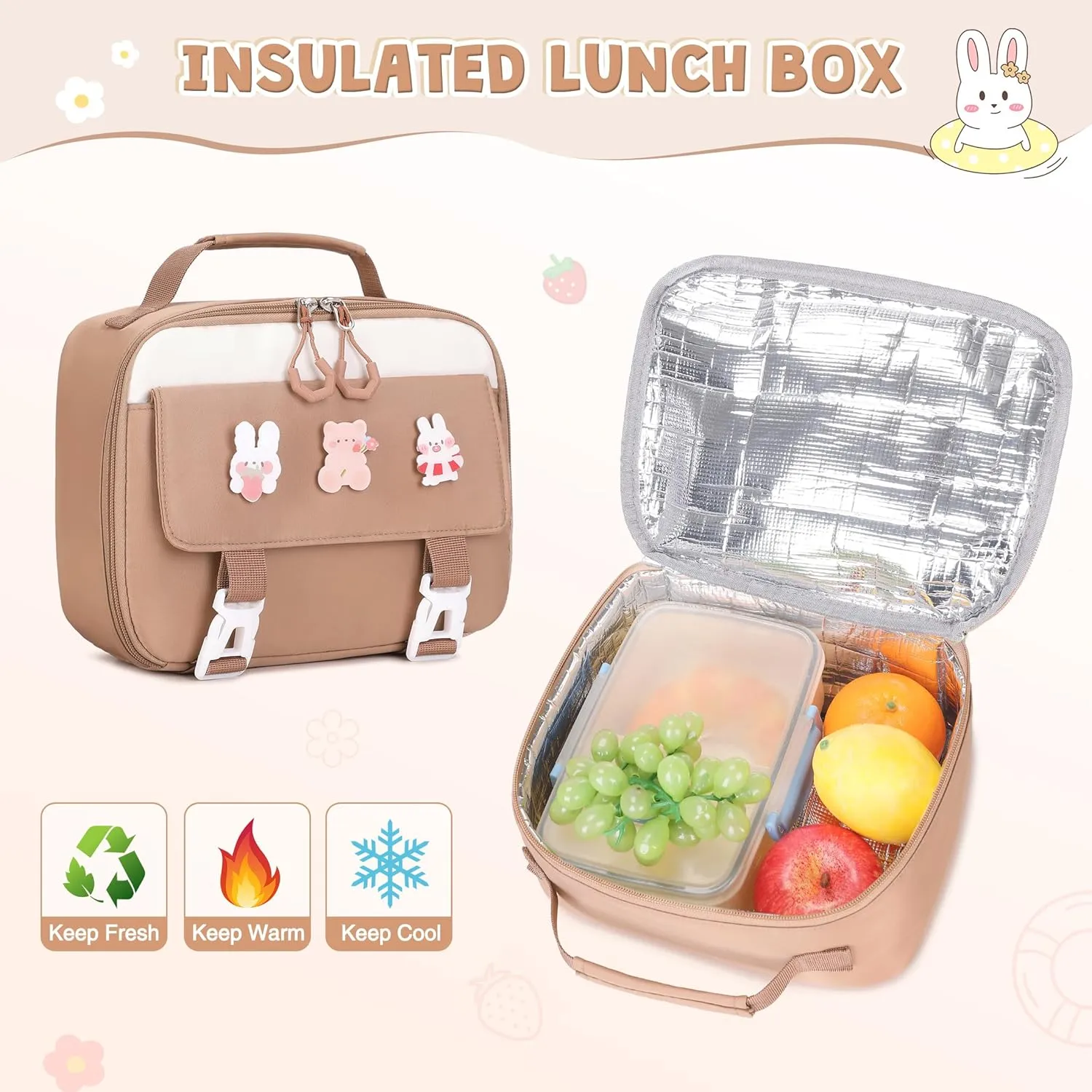 3PCS Girls Backpack for School, Kids Backpack for Girls with Lunch Box Pencil Case Set for Teen Girl Elementary Primary Middle High College School Bookbag with Cute Pins (Khaki)