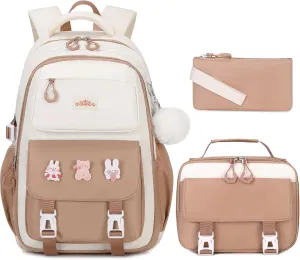 3PCS Girls Backpack for School, Kids Backpack for Girls with Lunch Box Pencil Case Set for Teen Girl Elementary Primary Middle High College School Bookbag with Cute Pins (Khaki)