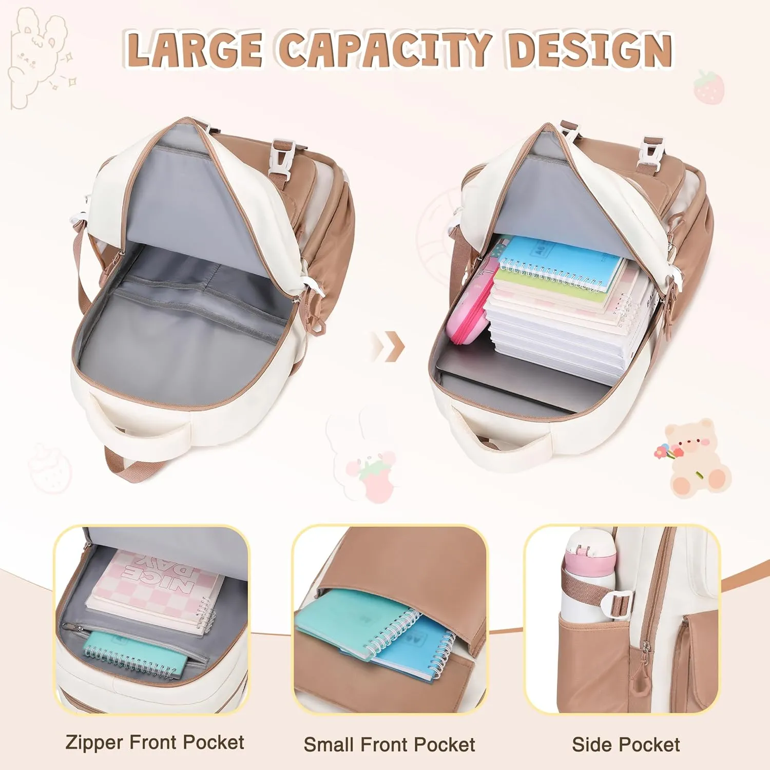 3PCS Girls Backpack for School, Kids Backpack for Girls with Lunch Box Pencil Case Set for Teen Girl Elementary Primary Middle High College School Bookbag with Cute Pins (Khaki)