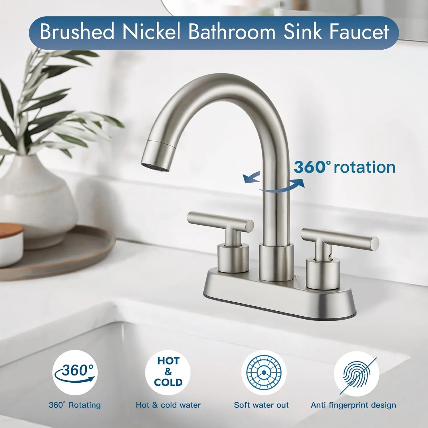 4 Inch Centerset Bathroom Sink Faucet Double Handles Bathroom Vanity Faucets 360 Degree Swivel Spout Deck Mount Mixer Tap with Pop-up Drain,Brushed Nickel