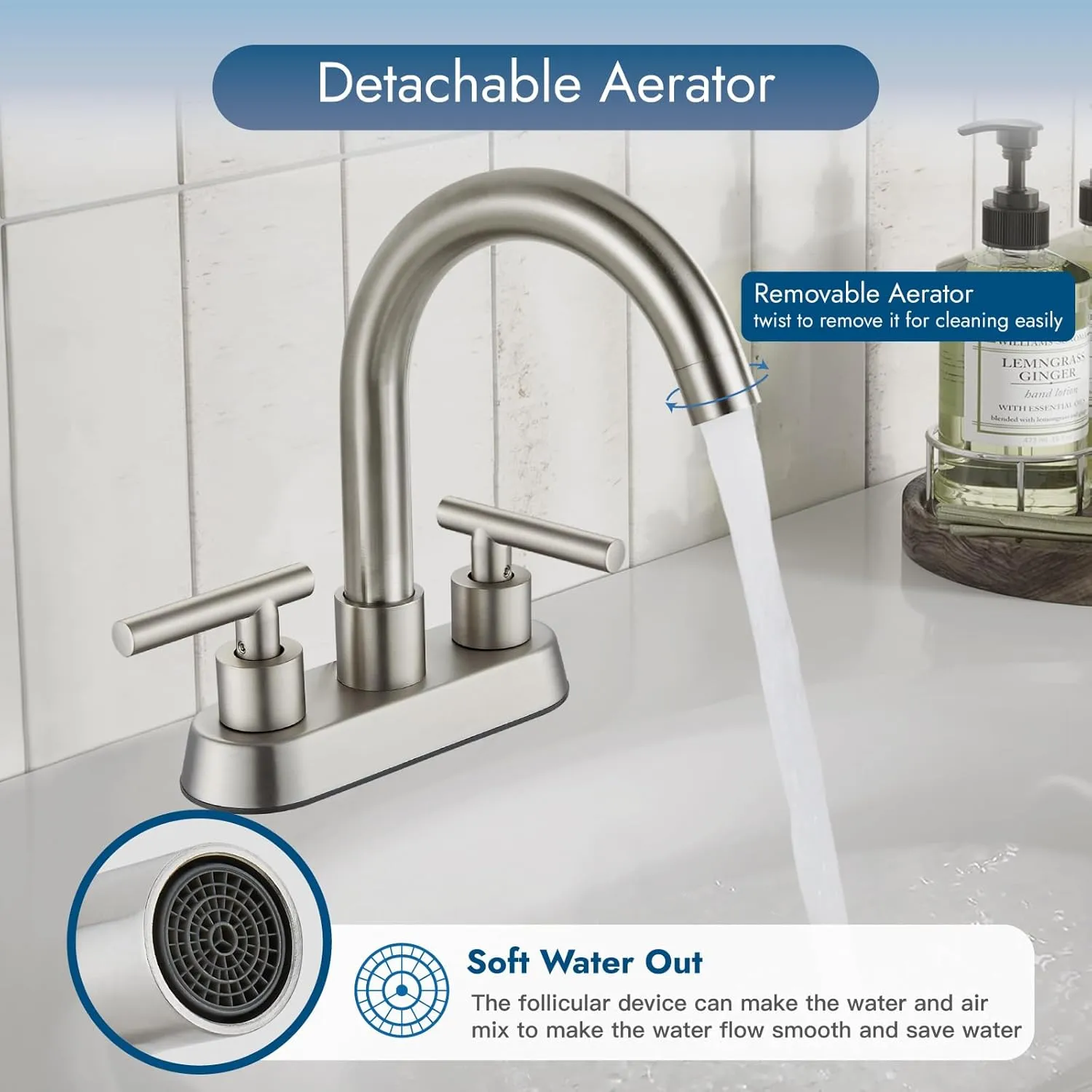 4 Inch Centerset Bathroom Sink Faucet Double Handles Bathroom Vanity Faucets 360 Degree Swivel Spout Deck Mount Mixer Tap with Pop-up Drain,Brushed Nickel