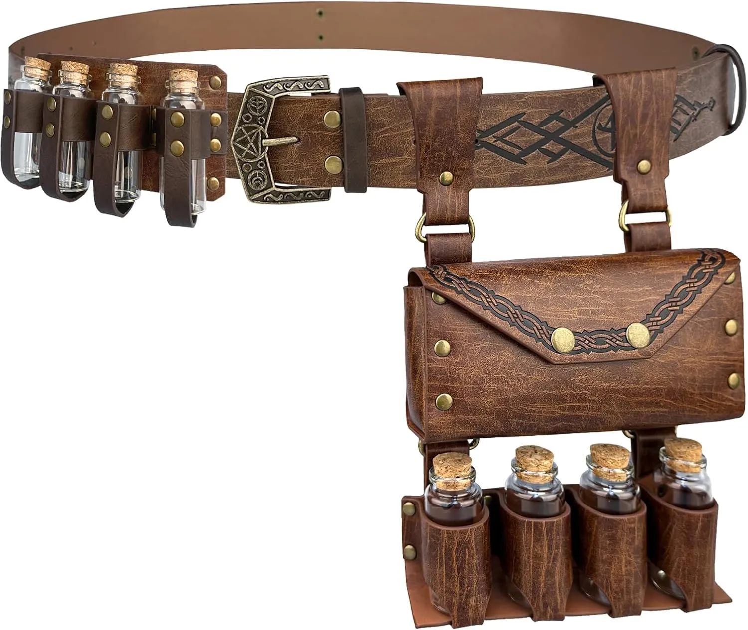 4 PCs Medieval Alchemy Belt Waist Pack Combo with Multiple Potion Bottles, Viking Rivet Belt Side Pouch for Cosplay