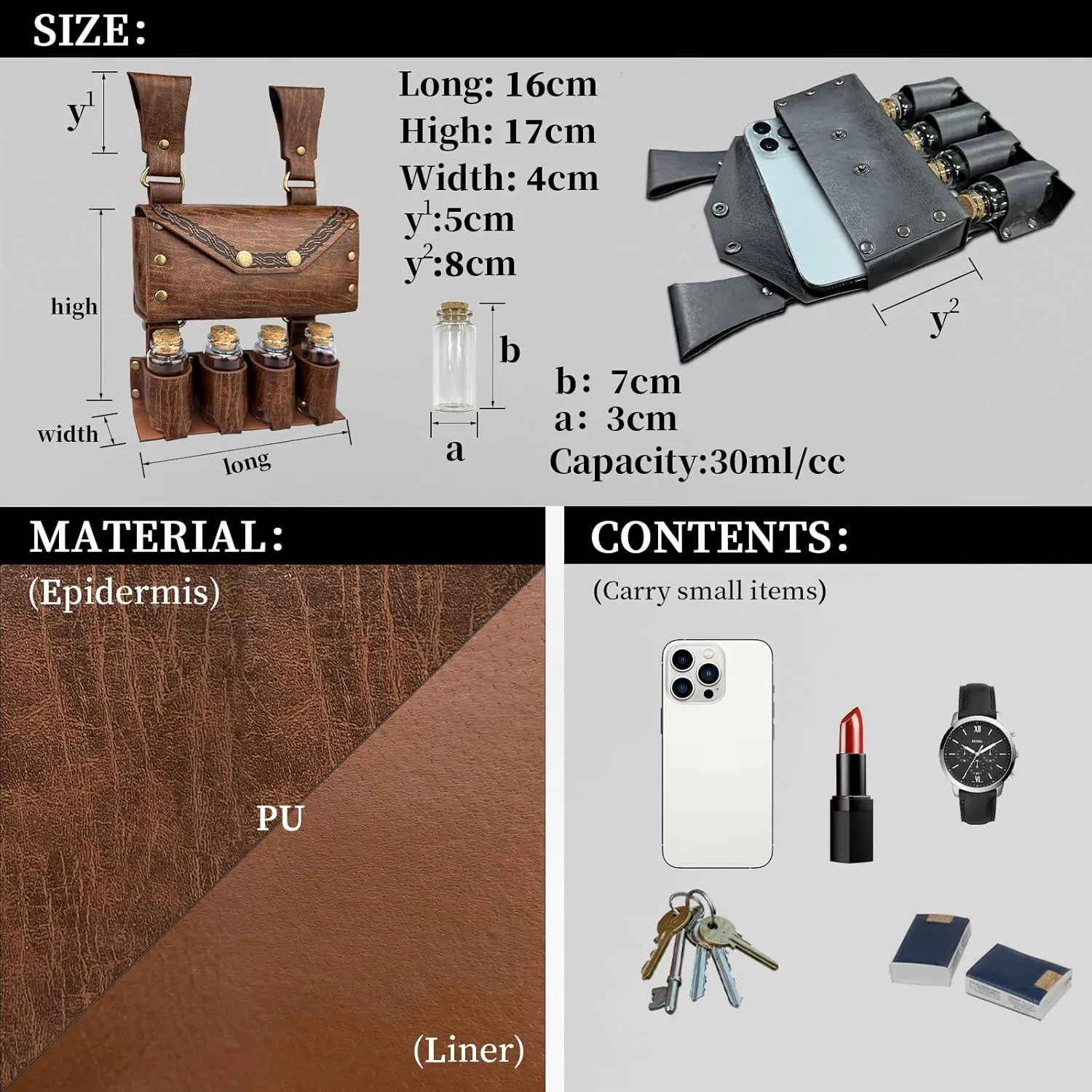 4 PCs Medieval Alchemy Belt Waist Pack Combo with Multiple Potion Bottles, Viking Rivet Belt Side Pouch for Cosplay