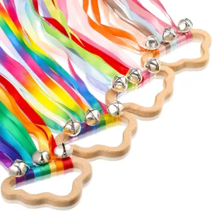 4 Pieces Rainbow Hand Ribbon Kite with Bells Wind Wand Dancing Ribbon Streamer Cloud Wood Sensory Toys Wooden Educational Toy for Party Birthday