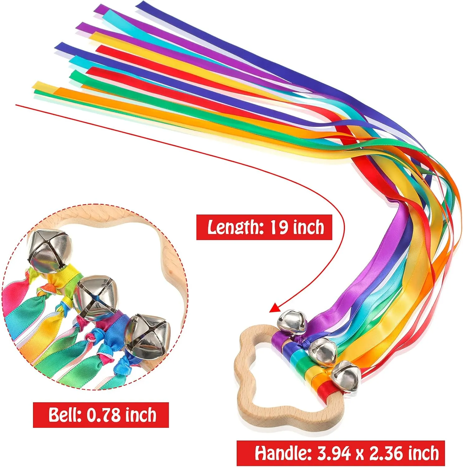 4 Pieces Rainbow Hand Ribbon Kite with Bells Wind Wand Dancing Ribbon Streamer Cloud Wood Sensory Toys Wooden Educational Toy for Party Birthday