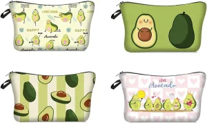 4 Pieces Set Makeup Bags Cute Cosmetic Pouch Travel Zipper Allover Print Cosmetic Organizer Stylish Toiletry Bag for Women Supplies 4pcs Bulk (Avocado)