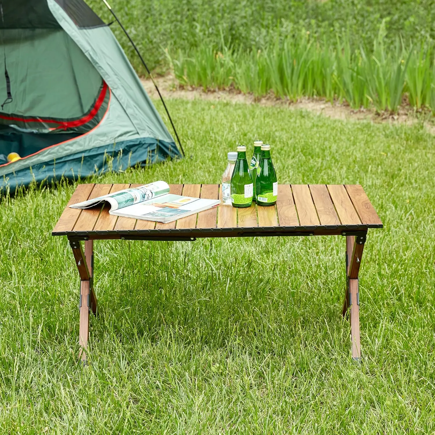 46.46” Folding Outdoor Table with Carrying Bag - Lightweight Aluminum Roll-Up Table for Camping, Picnics, Beach, BBQ, Patio, Waterproof & Stain-Resistant, 120 lbs Capacity, Black (Brown)