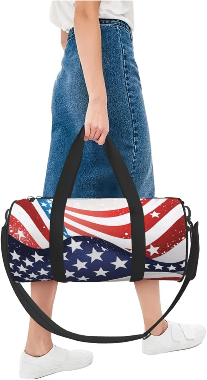 4th of July Patriotic Flag Printed Travel Bag,Round Personal Item Storage bag,Foldie Duffel Bag for Traveling Vacation,Fitness,Sports
