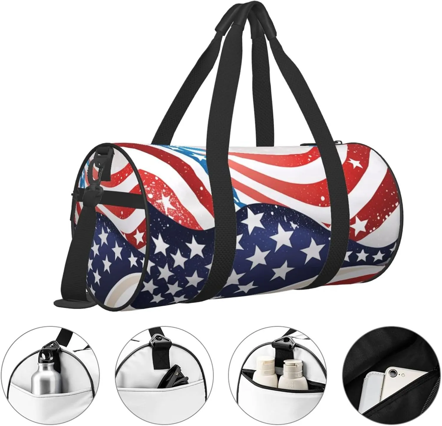 4th of July Patriotic Flag Printed Travel Bag,Round Personal Item Storage bag,Foldie Duffel Bag for Traveling Vacation,Fitness,Sports