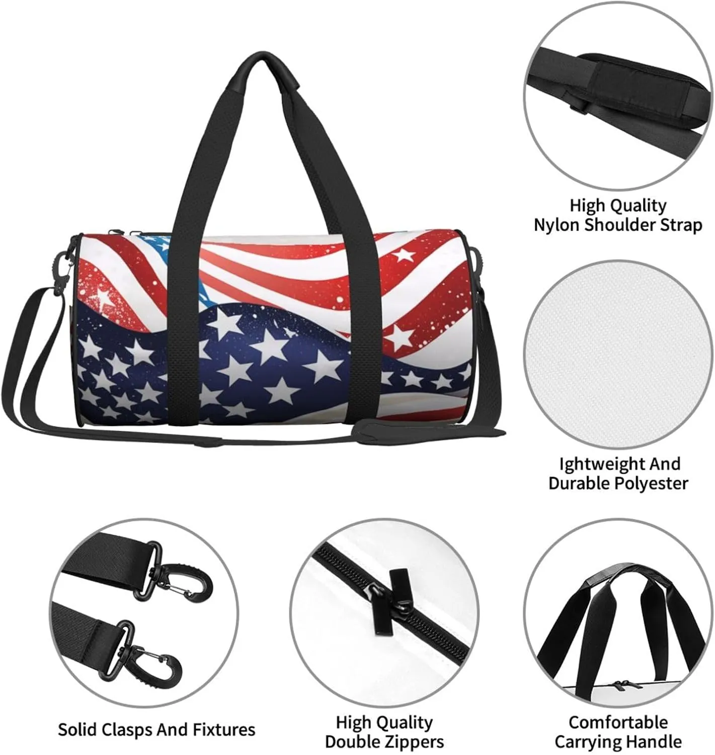 4th of July Patriotic Flag Printed Travel Bag,Round Personal Item Storage bag,Foldie Duffel Bag for Traveling Vacation,Fitness,Sports