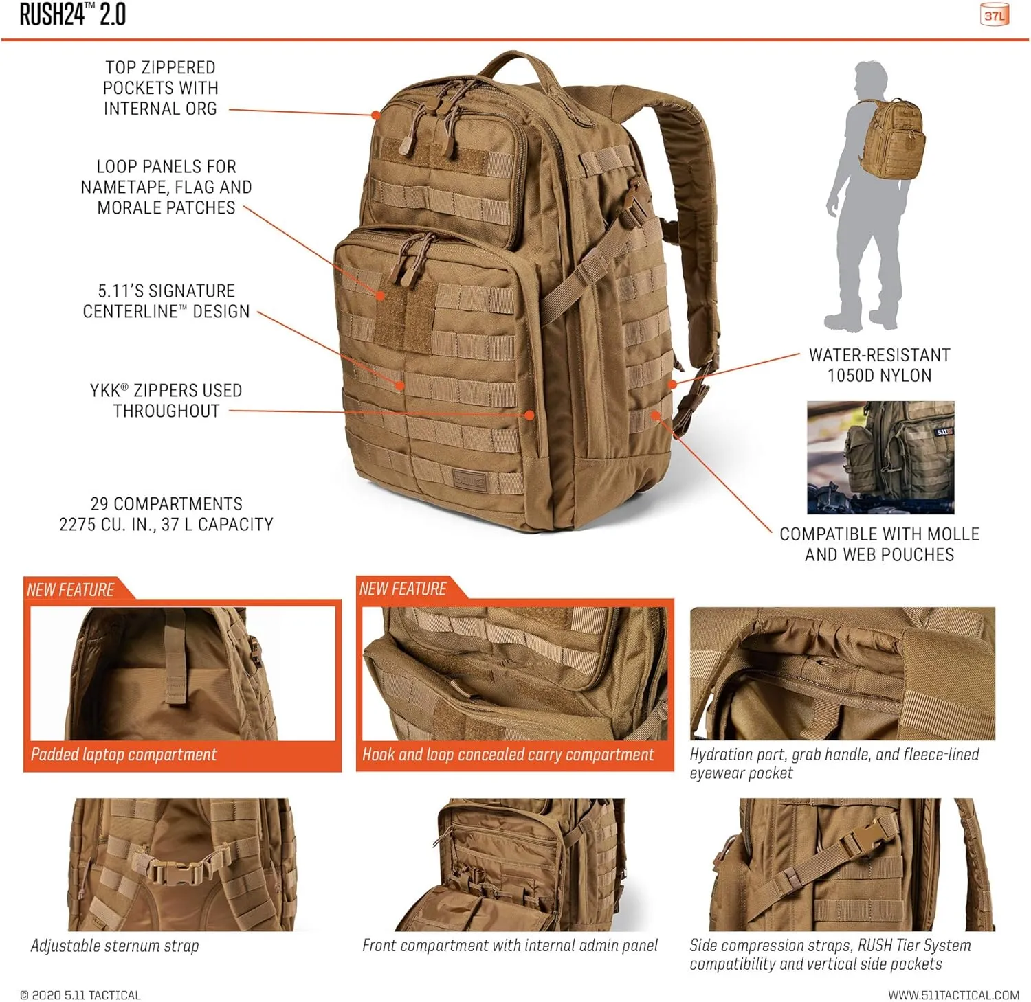 5.11 Tactical Backpack – Rush 24 2.0 – Pack and Laptop Compartment, 37 Liter, Medium, Style 56564 – Multicam