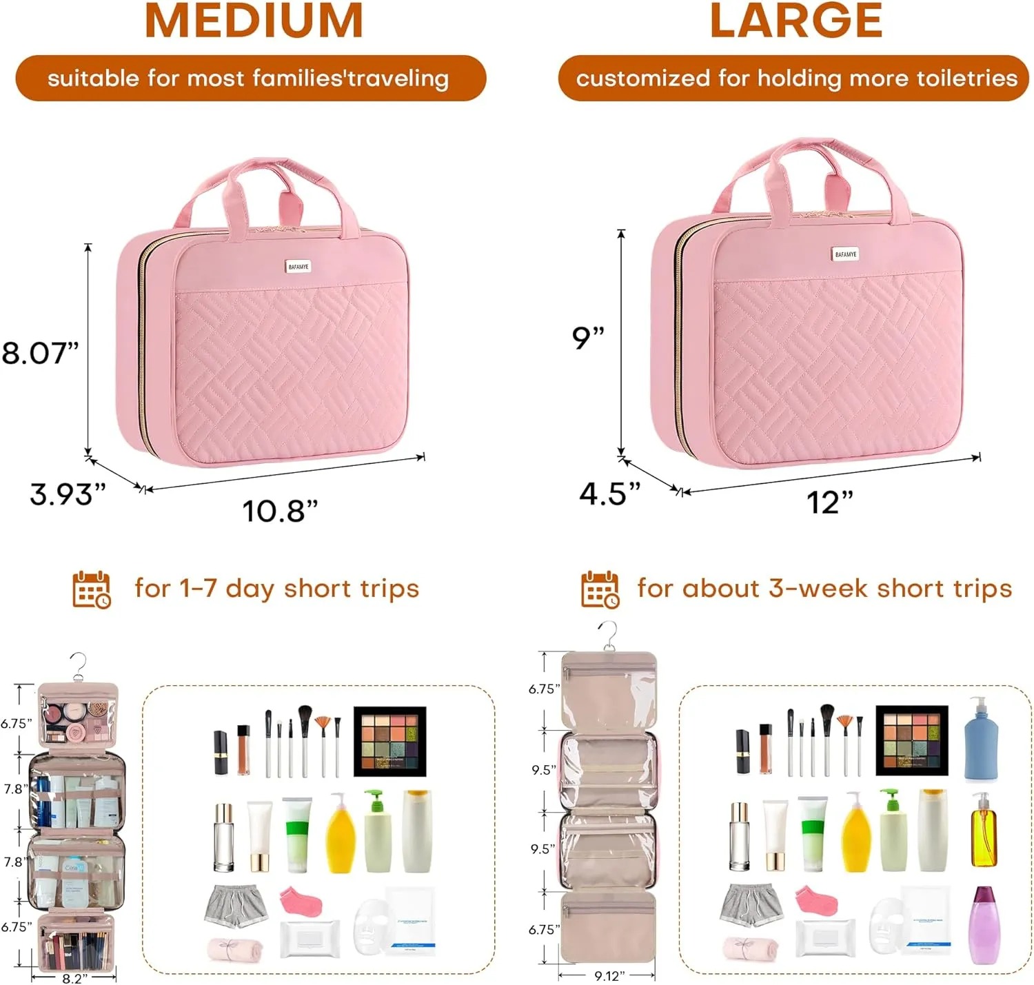 5.8L Travel Toiletry Bag for women - 2.1 GAL Water-resistant Makeup Cosmetic Bag Organizer With Hanging Hook for Travel Accessories Shampoo Full-size Container, Pink