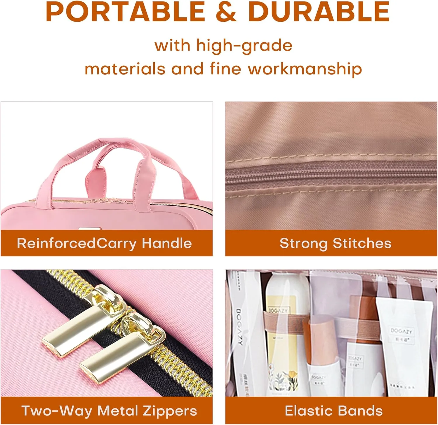 5.8L Travel Toiletry Bag for women - 2.1 GAL Water-resistant Makeup Cosmetic Bag Organizer With Hanging Hook for Travel Accessories Shampoo Full-size Container, Pink