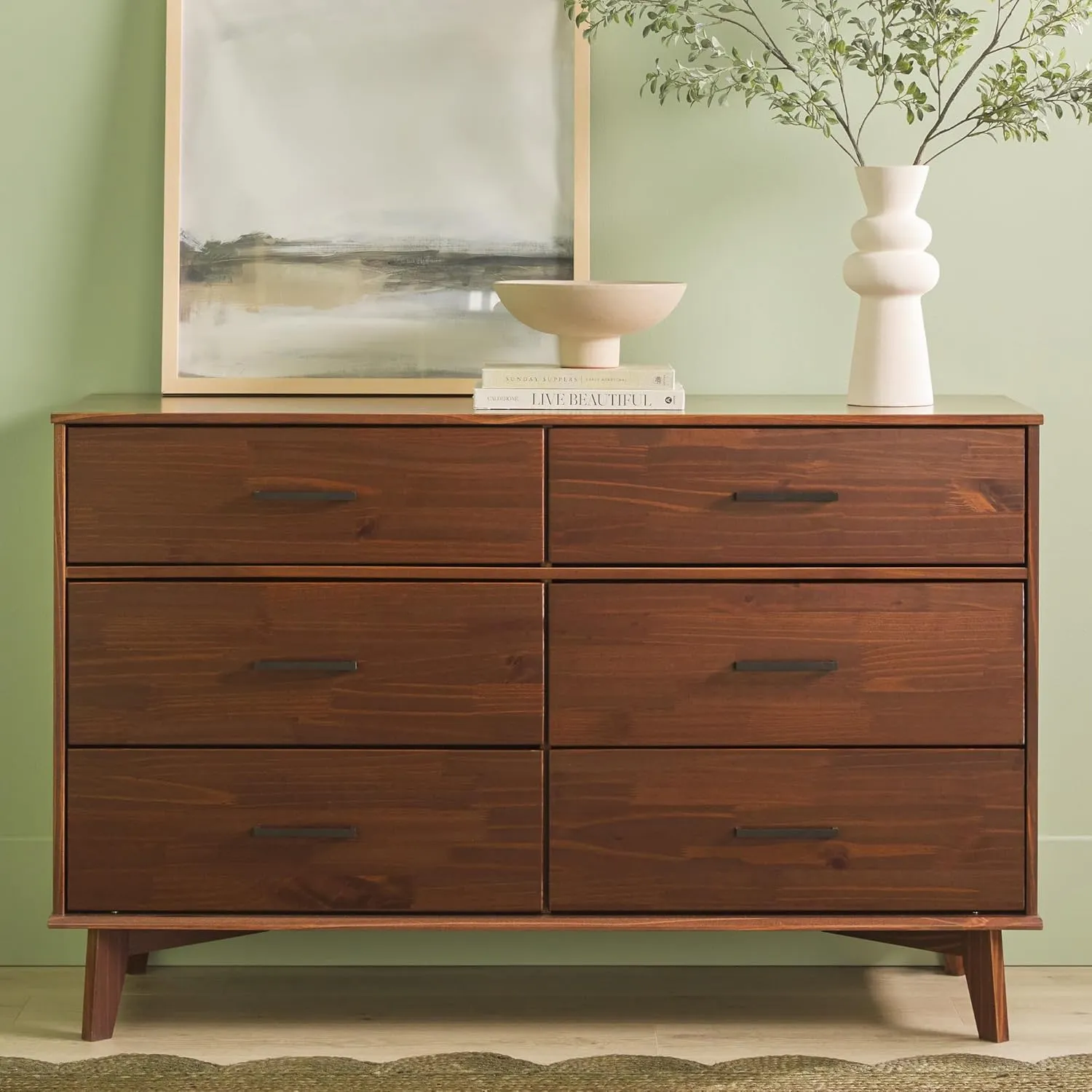 6-Drawer Modern Solid Wood Dresser with Metal Handles - Walnut
