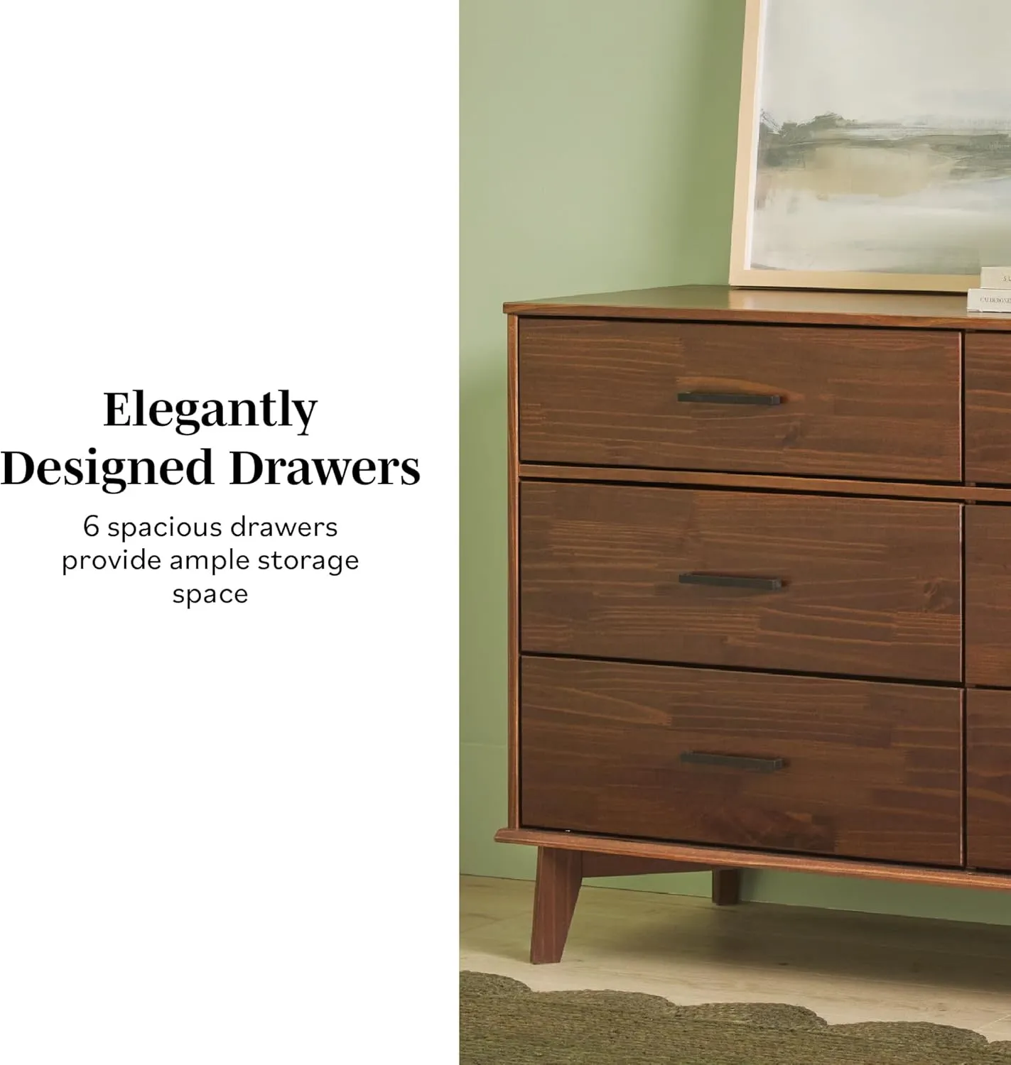 6-Drawer Modern Solid Wood Dresser with Metal Handles - Walnut