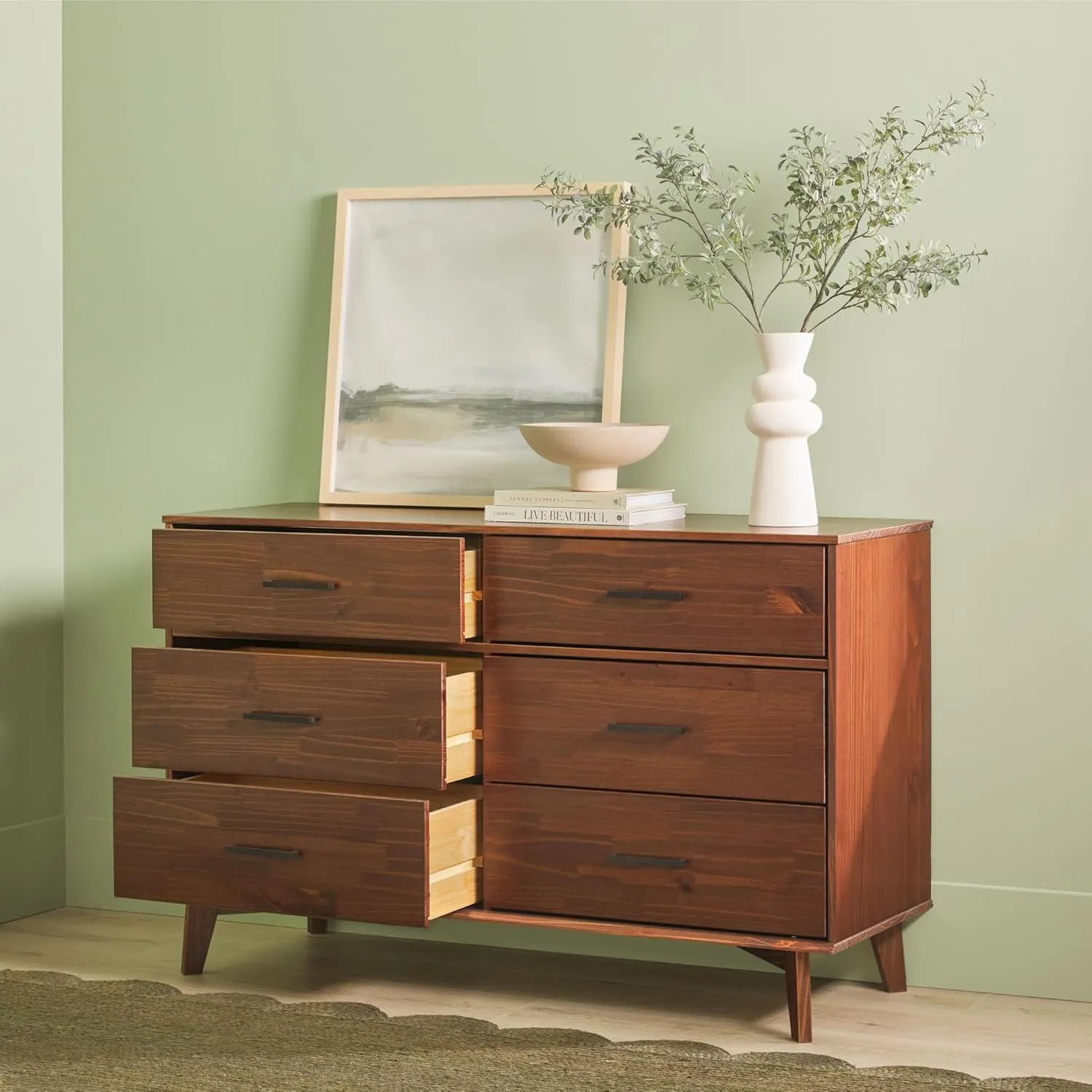 6-Drawer Modern Solid Wood Dresser with Metal Handles - Walnut