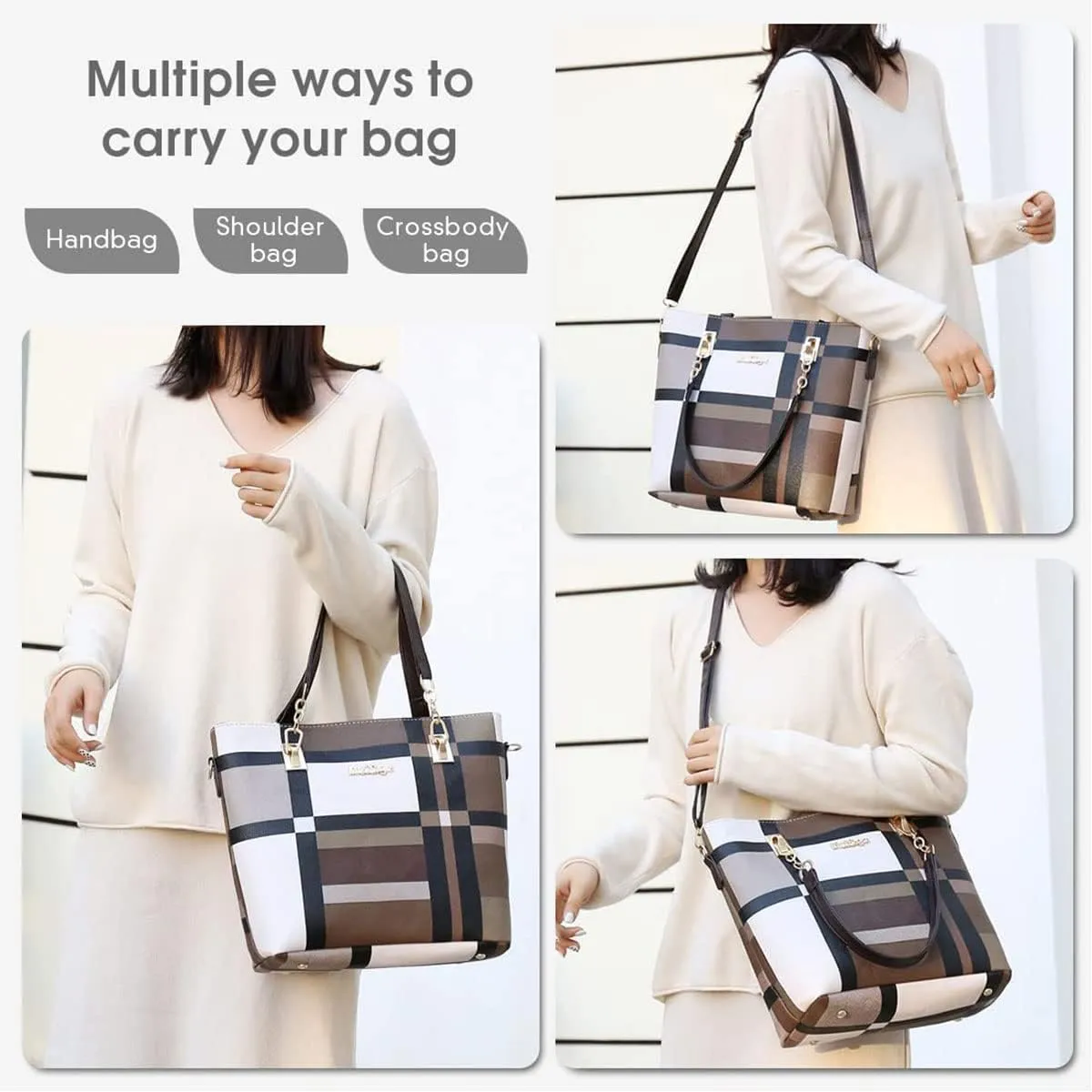 6-PC Women PU Handbag Shoulder Bag Crossbody Bag Purse Clutch Key Bag Fashion Satchel Tote Top-Handle Bag