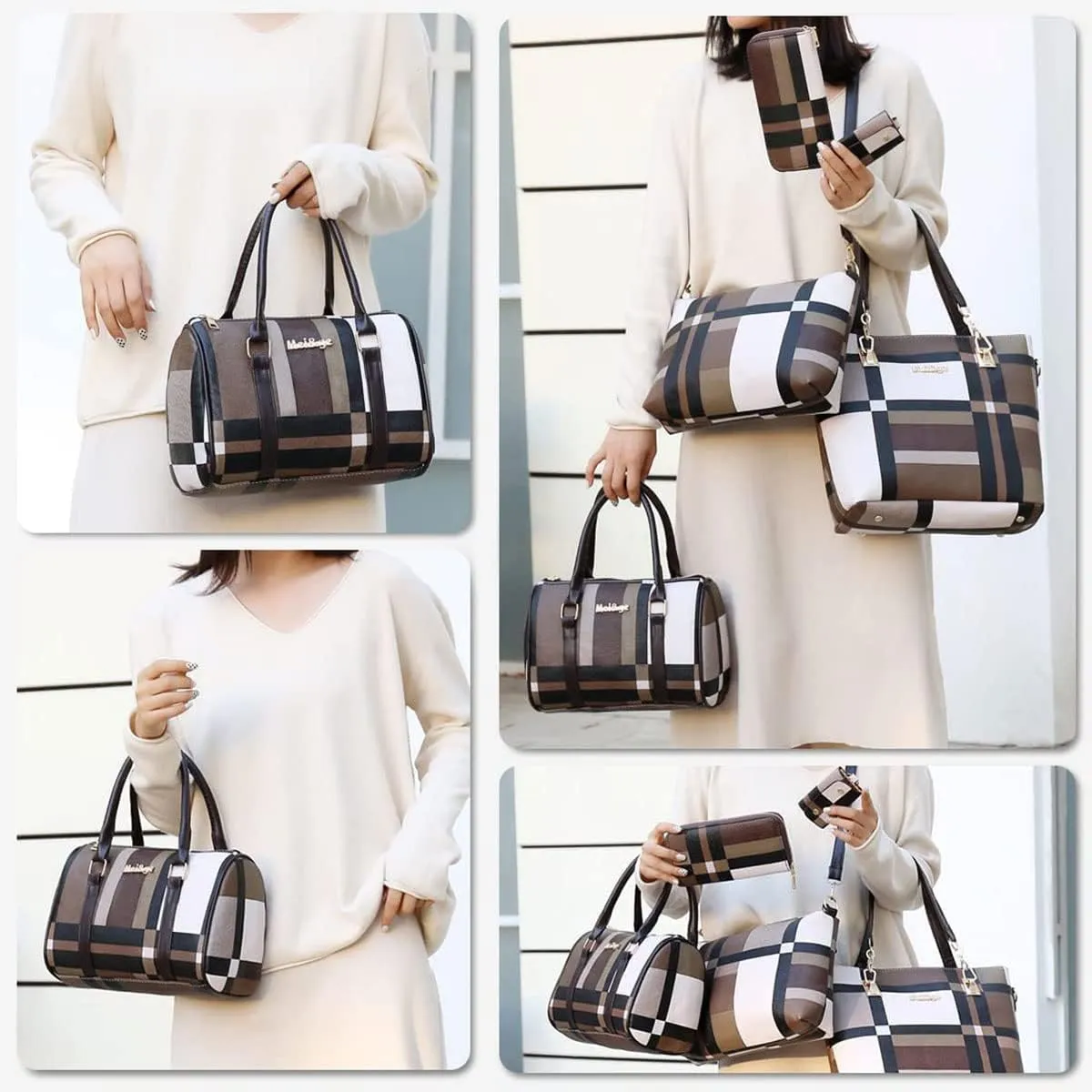6-PC Women PU Handbag Shoulder Bag Crossbody Bag Purse Clutch Key Bag Fashion Satchel Tote Top-Handle Bag