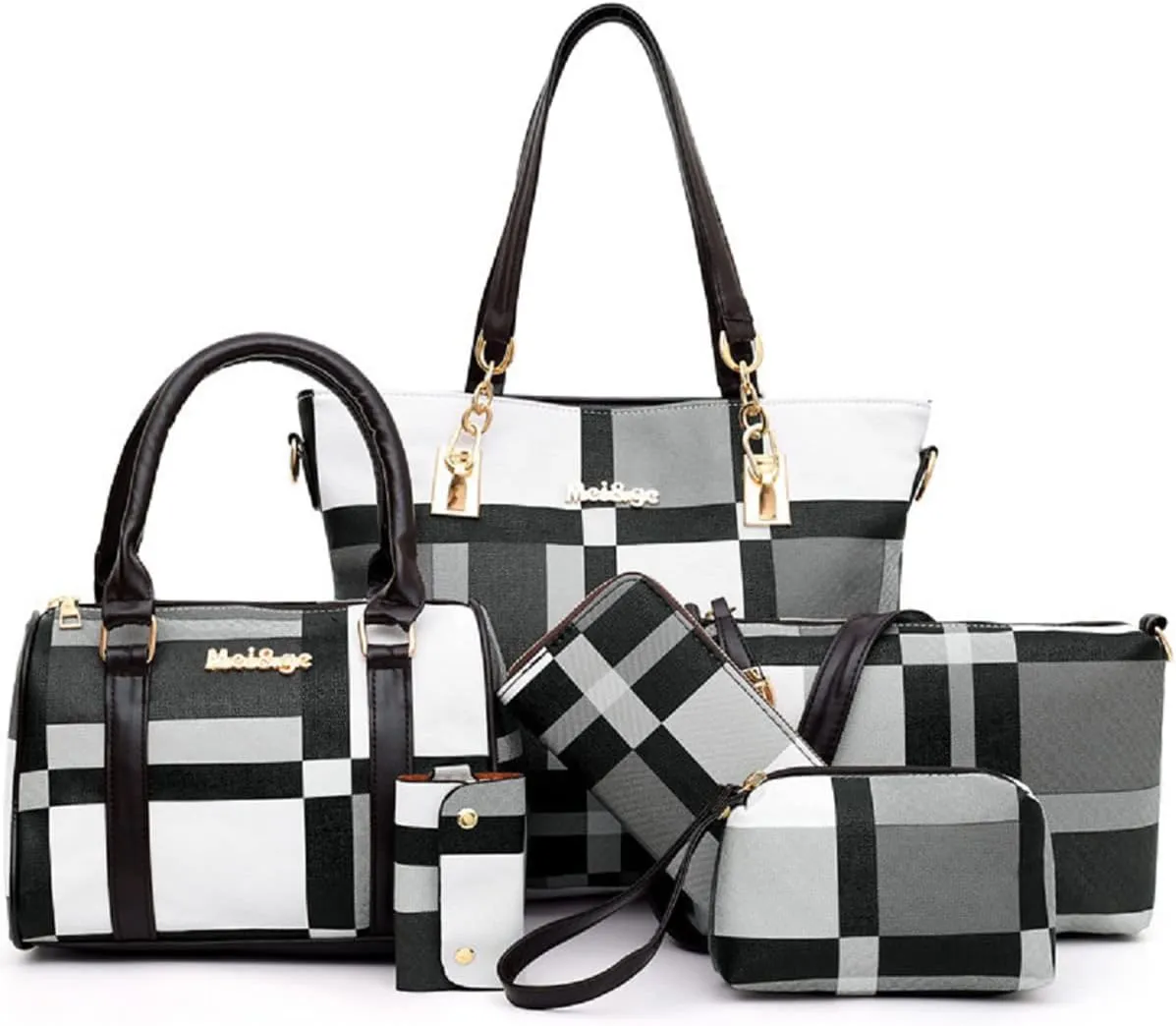 6-PC Women PU Handbag Shoulder Bag Crossbody Bag Purse Clutch Key Bag Fashion Satchel Tote Top-Handle Bag