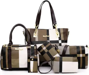 6-PC Women PU Handbag Shoulder Bag Crossbody Bag Purse Clutch Key Bag Fashion Satchel Tote Top-Handle Bag