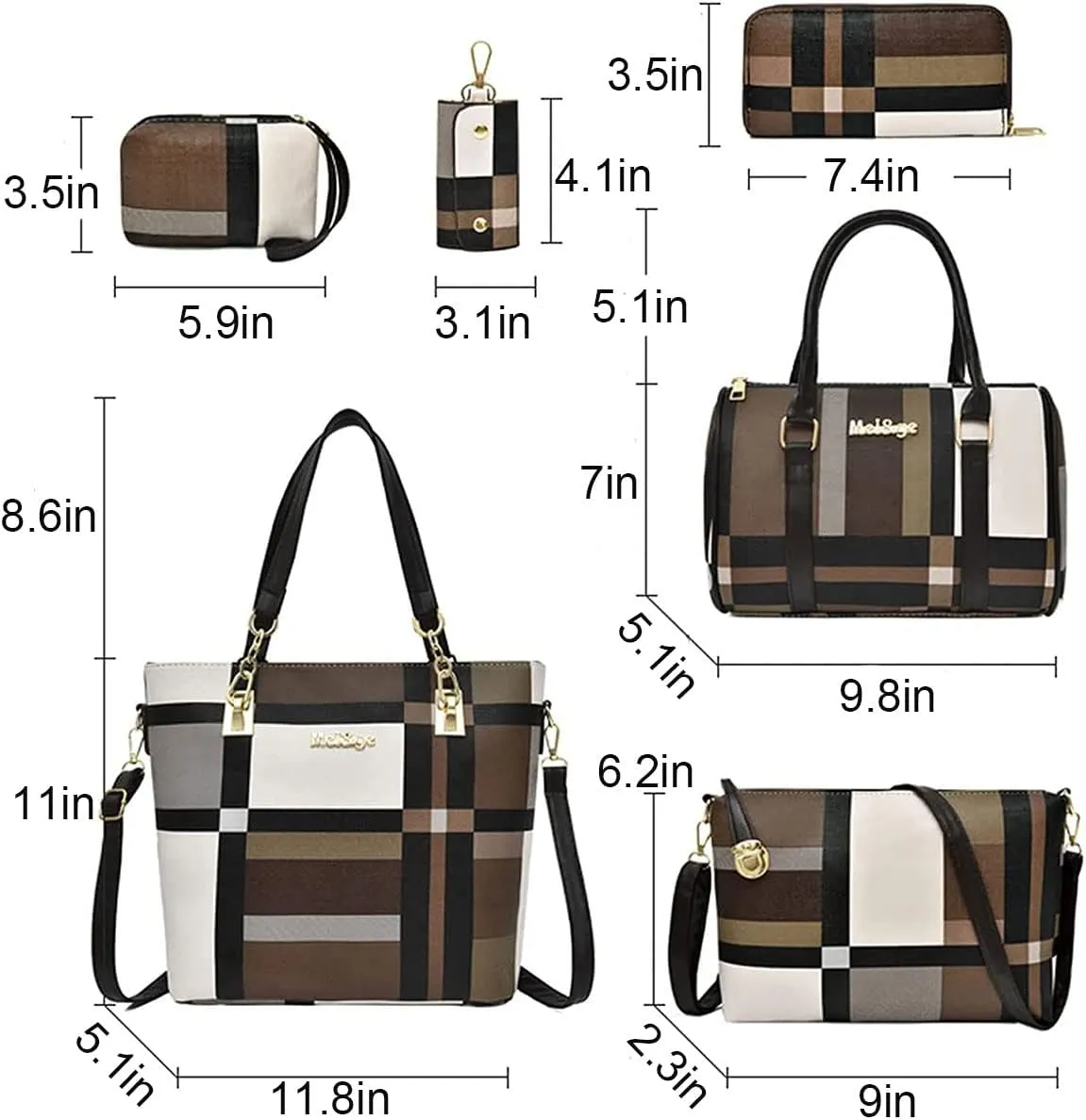 6-PC Women PU Handbag Shoulder Bag Crossbody Bag Purse Clutch Key Bag Fashion Satchel Tote Top-Handle Bag