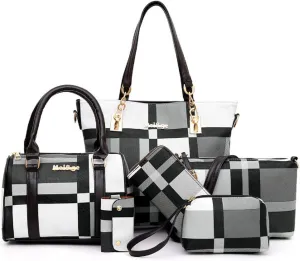 6-PC Women PU Handbag Shoulder Bag Crossbody Bag Purse Clutch Key Bag Fashion Satchel Tote Top-Handle Bag