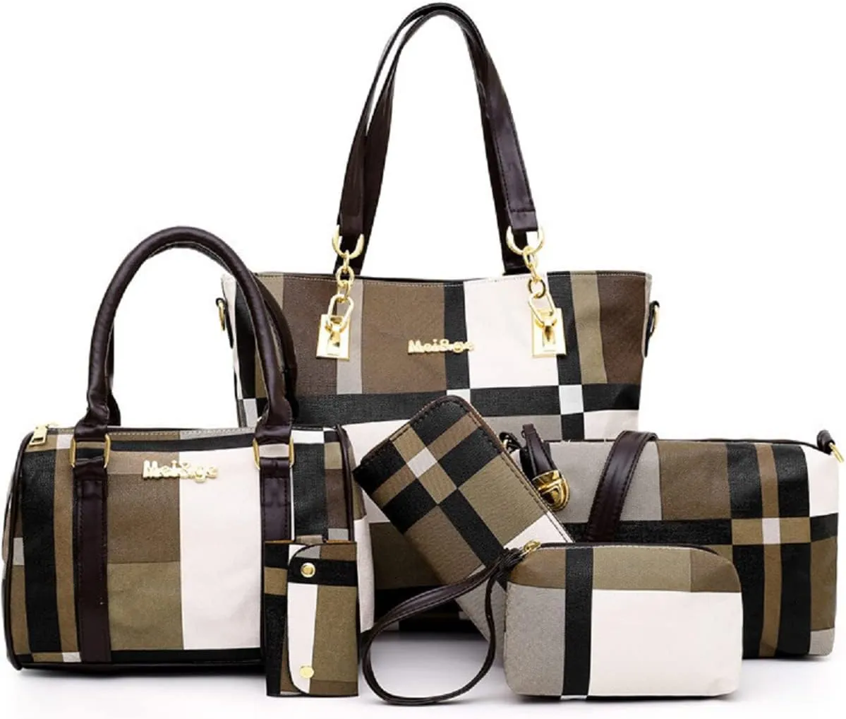 6-PC Women PU Handbag Shoulder Bag Crossbody Bag Purse Clutch Key Bag Fashion Satchel Tote Top-Handle Bag