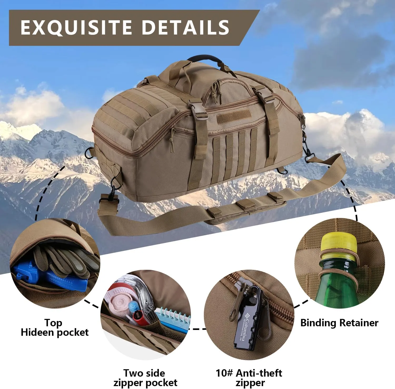 65L Large Duffle Bag, 3-in-1 Tactical Backpack MOLLE Pack for Sports, Gym, Outdoor, Coyote