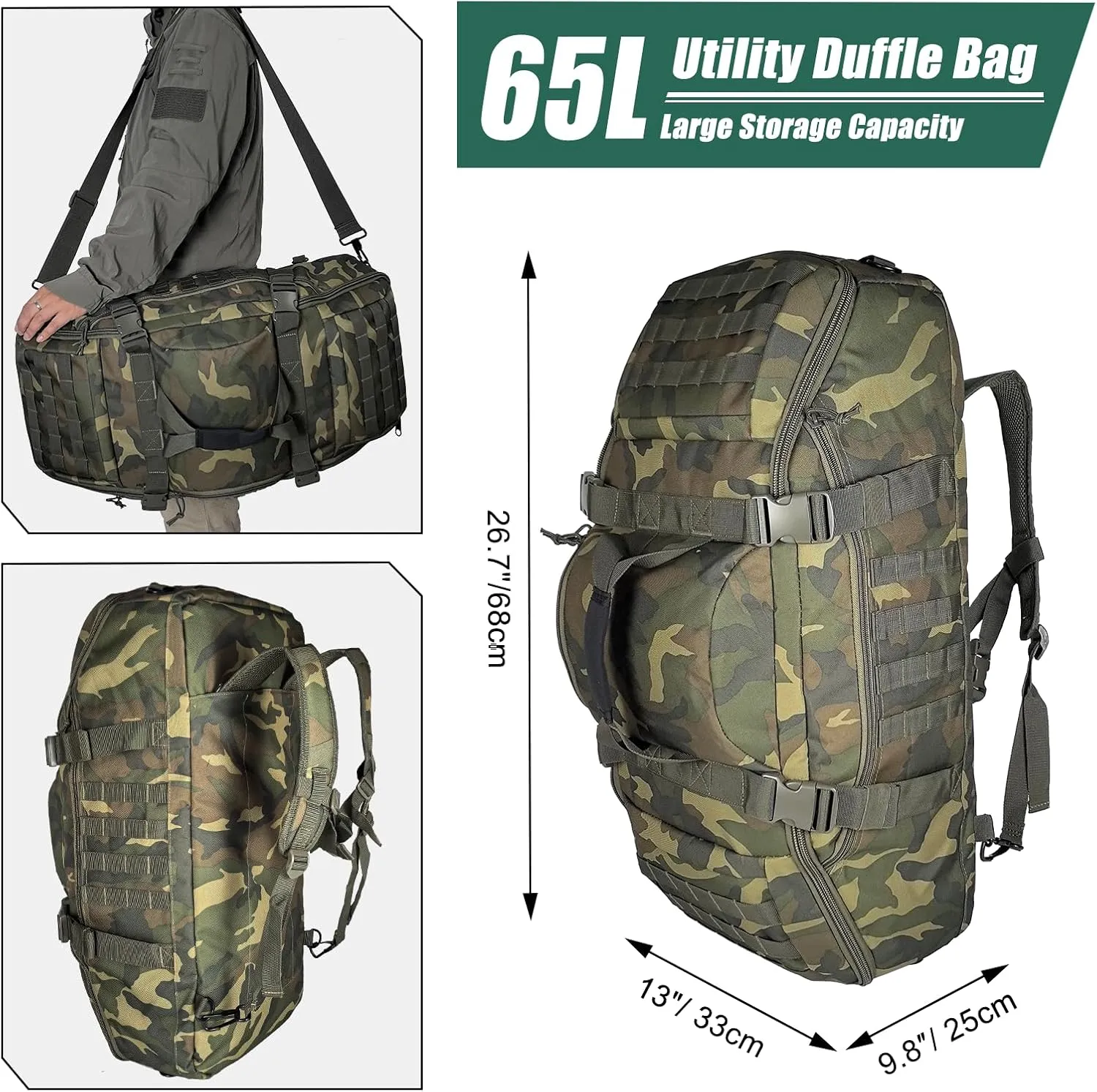 65L Large Duffle Bag, 3-in-1 Tactical Backpack MOLLE Pack for Sports, Gym, Outdoor, Woodland