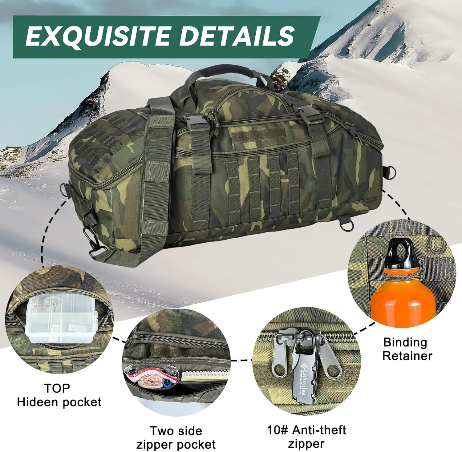 65L Large Duffle Bag, 3-in-1 Tactical Backpack MOLLE Pack for Sports, Gym, Outdoor, Woodland