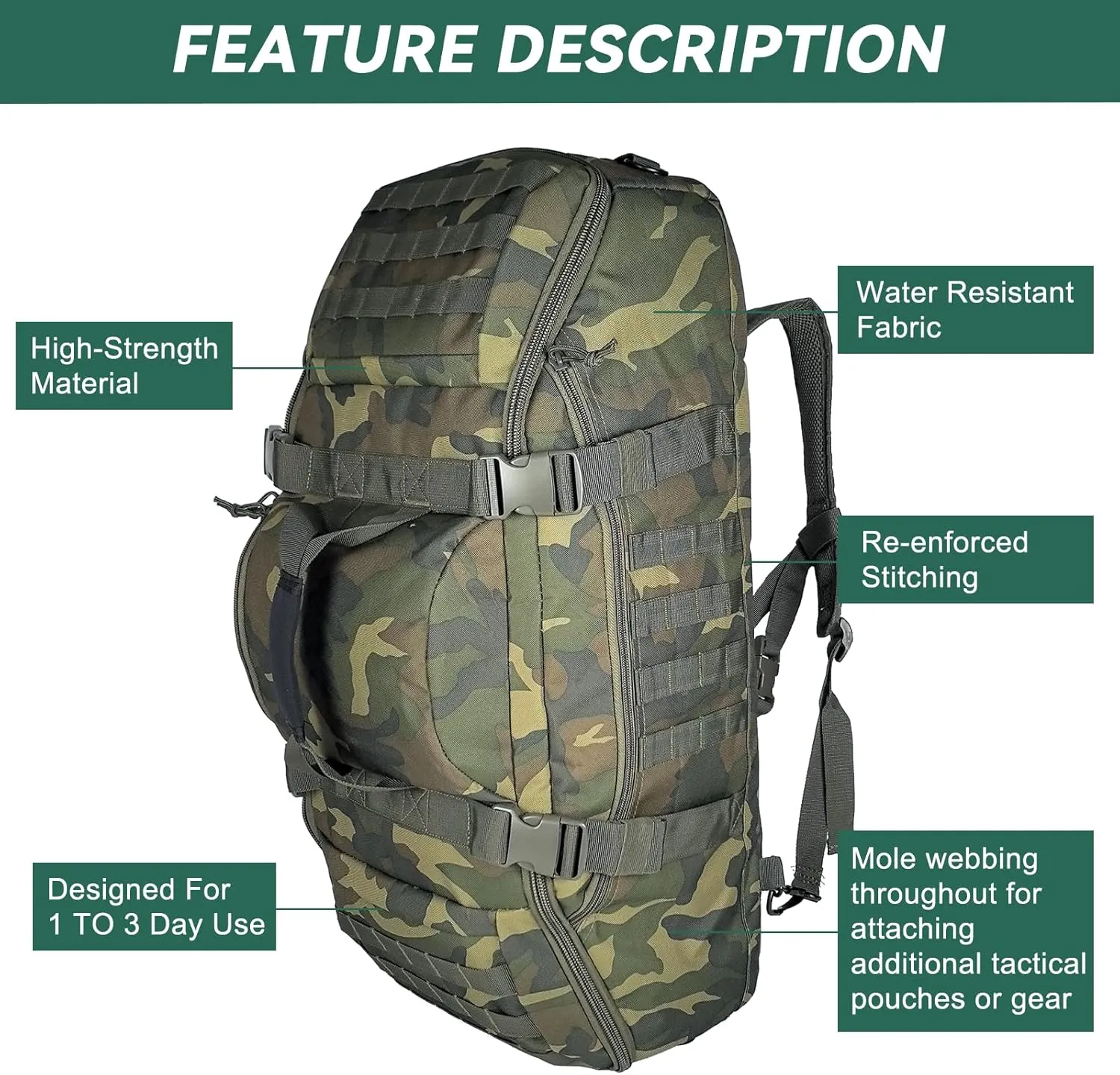65L Large Duffle Bag, 3-in-1 Tactical Backpack MOLLE Pack for Sports, Gym, Outdoor, Woodland