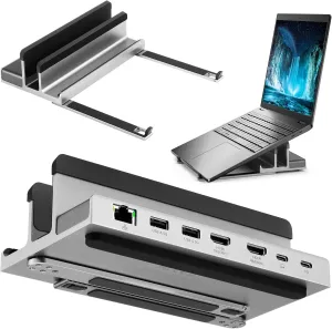7 Port USB-C 14” Laptop Stand with Dual Display Docking Station, Tablet Holder Hub, Vertical Storage Desk Organizer/HDMI 8K30Hz, USB-A 5Gbps, Ethernet 1Gbps, 100W Power Delivery, Space Gray